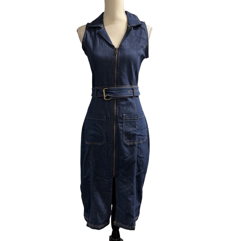 Bebe Y2K Denim Dress Zip Front Belted Midi Size S Retro 70s Festival‎ Edgy Chic